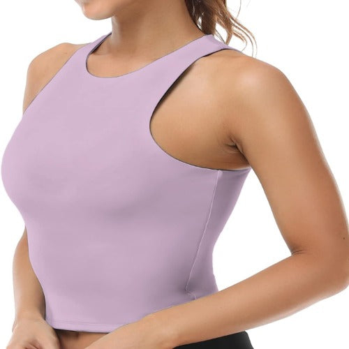 Colorfulkoala Women's High Neck Tank Tops Body Contour Sleeveless Crop Double Lined Yoga Shirts