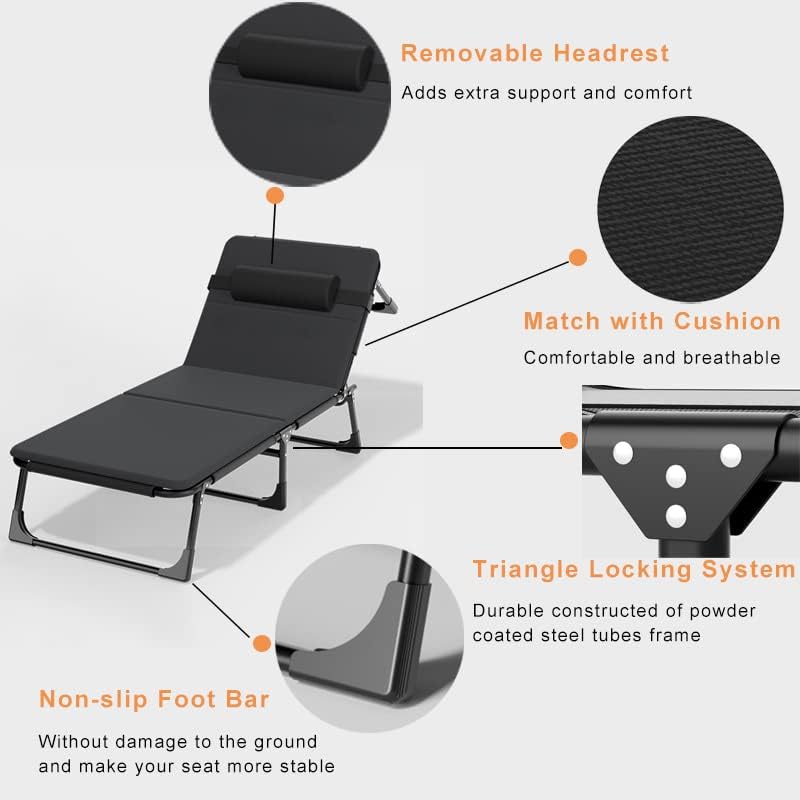 Adjustable Reclining Patio Chair with Cushion,Oversized Lounge Chair for Outside with Headrest,Folding Camping Chair for Outside Garden,Lawn,Beach,Black