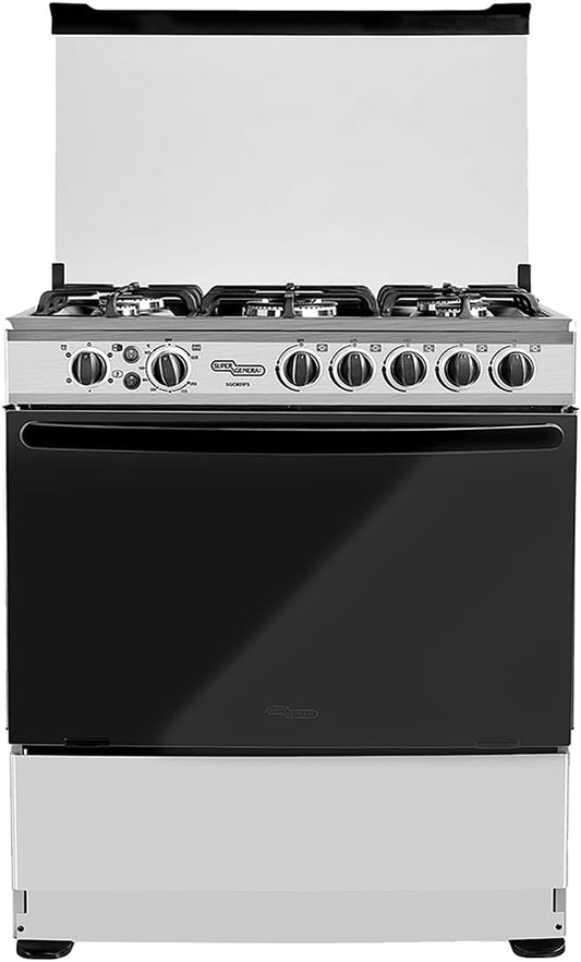 Super General 80 X 60 cm, 5 Gas Burners, Gas Oven with Rotisserie Free Standing Gas Cooker, Stainless Steel - SGC801FS