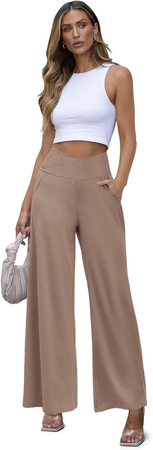 JZC Women's Wide Leg Casual Pants Cross Waist Palazzo Lounge Pajama Flowy Pants Yoga Sweatpants with Pockets