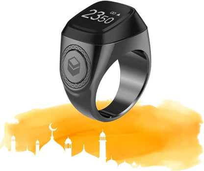 iQIBLA Smart Tasbih Zikr Ring- Muslim Prayer- Prayer timing reminder- OLED display- Tasbih Counter- Smart Ring- Wearable Technology- Waterproof Black 22mm- E0120BK- 20mm- USB