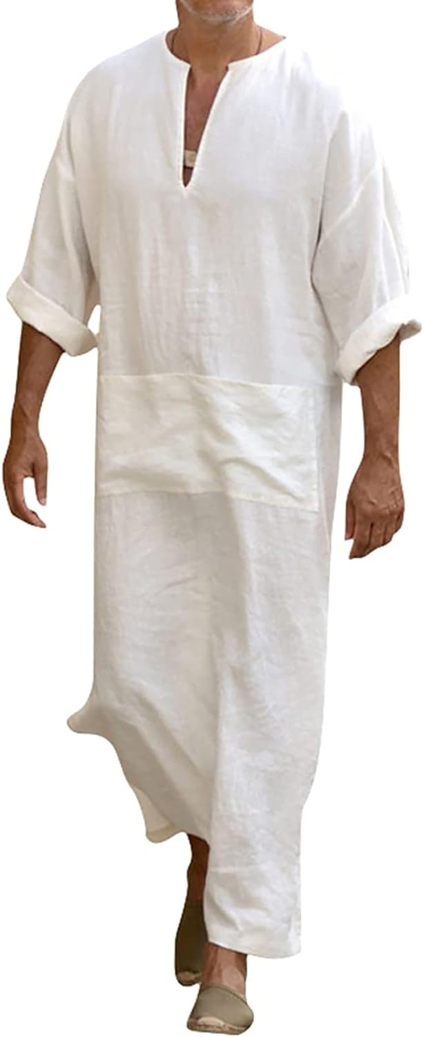 THE WHITE SHOP Men's V-Neck Linen Robe Short Sleeve Kaftan Thobe Long Gown Casual Shirt for Beach