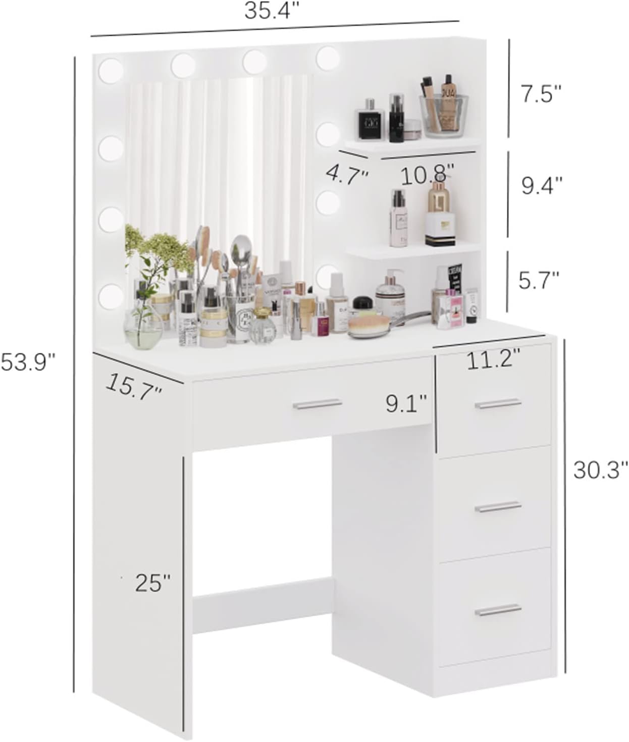 Rovaurx Makeup Vanity Table with Lighted Mirror, Makeup Vanity Desk with Storage Shelf and 4 Drawers, Bedroom Dressing Table, 10 LED Lights, White RSZT104W