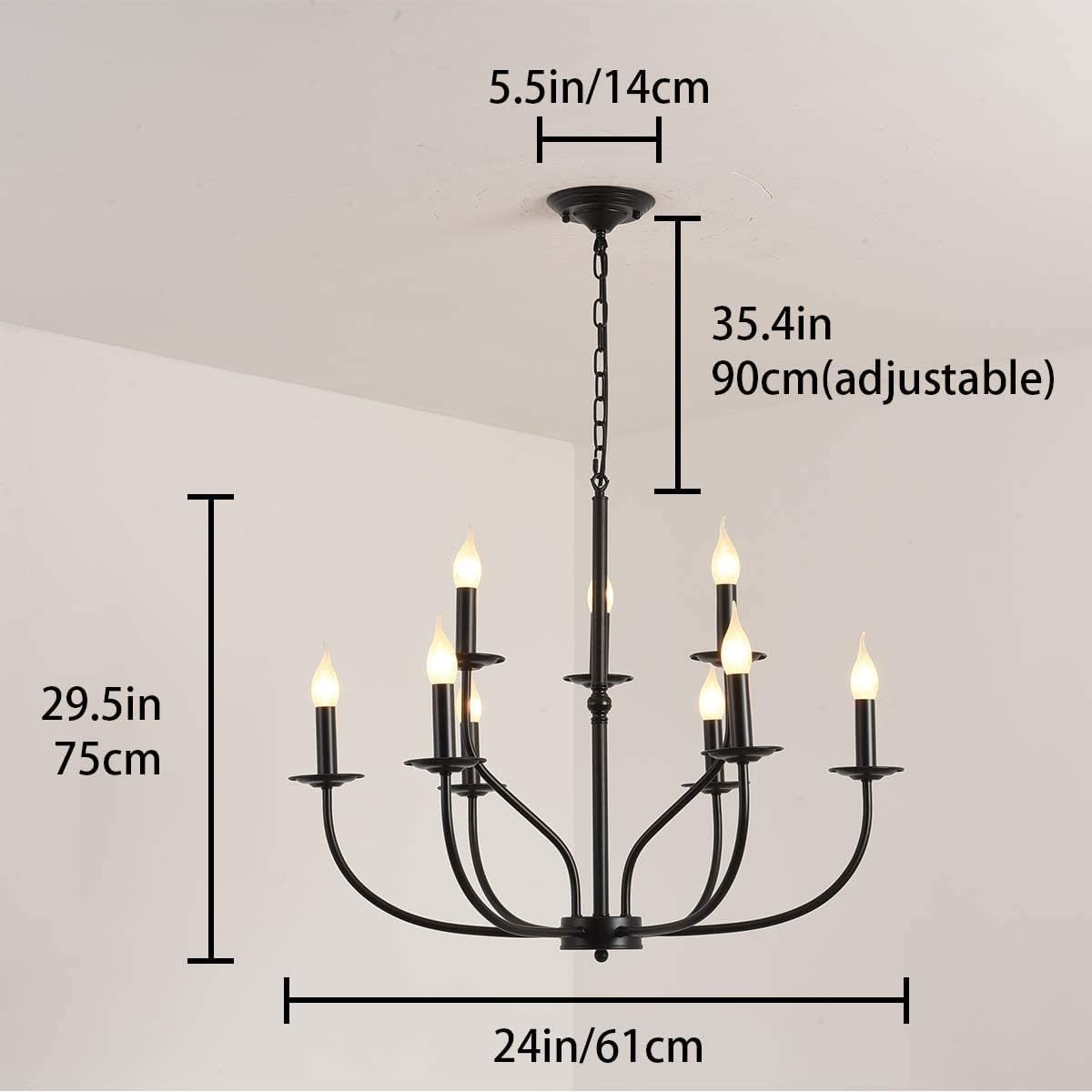 Ganeed Famhouse Chandelier 9-Light Black Classic Candle Pendant Light Fixture Hanging Light Vintage Ceiling Chandelier for Dining Room,Kitchen,Bedroom,Foyer,Living Room