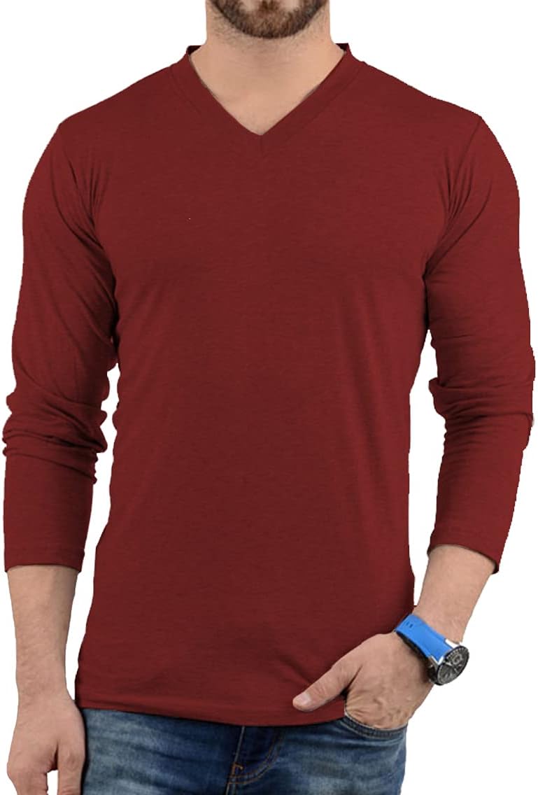 V Neck Long Sleeve Shirt Men - Grey & Black Soft Comfortable Full Sleeves Fashion Tees for Men