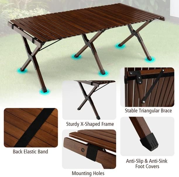 AUTOYSUR Folding Wooden Camping Table Portable Picnic Table w/Carry Bag Roll-up Bamboo Tabletop Outdoor Travel Camping Table (Coffee)