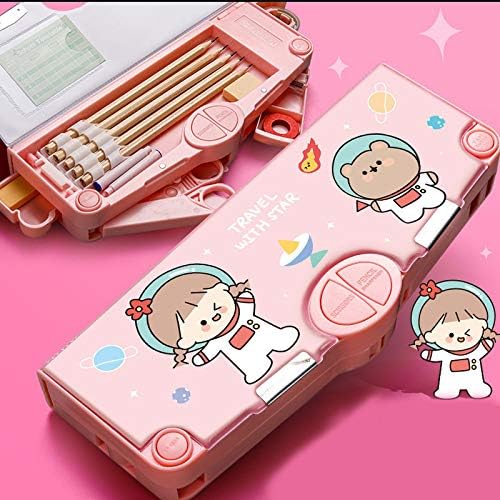 Multifunction Pencil Case, Pencil Box with 2 Compartments for Students - Cartoon Pattern Stationery Set with Pop Out Scissors and Pencil Sharpener