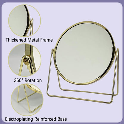 Monirf 7' Tabletop Makeup Mirror, 3x Magnification Double-Sided Vanity Mirror, Modern Fashion 360° Rotation Metal Cosmetic Mirror, Round Beauty Mirror Hand Mirror Suitable for Tabletop Makeup (Gold)