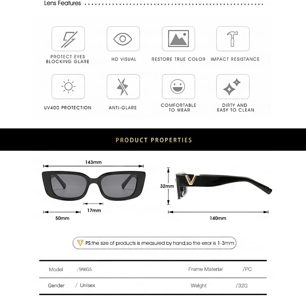 Retro Rectangle Sunglasses Women and Men Vintage Small Square Sun Glasses Protection Glasse, UV400 Protection Glasse, Vintage Driving Glasses 90’s Fashion Narrow Square Frame