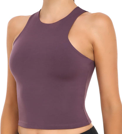 Colorfulkoala Women's High Neck Tank Tops Body Contour Sleeveless Crop Double Lined Yoga Shirts