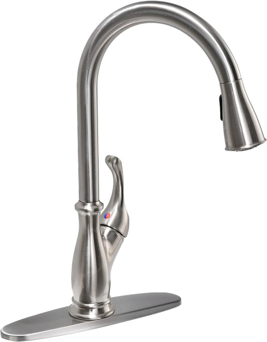 APPASO Kitchen Faucet with Pull Down Sprayer - Single Handle One Hole High Arc Pull Out Kitchen Sink Faucets with Deck Plate, Brushed Nickel, APS220BN