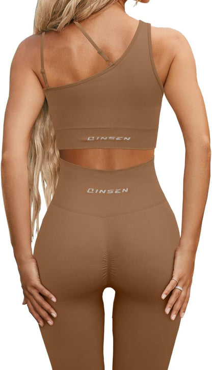 QINSEN Workout Sets for Women Seamless Sports Crop Tops High Waisted Leggings Two Piece Outfits