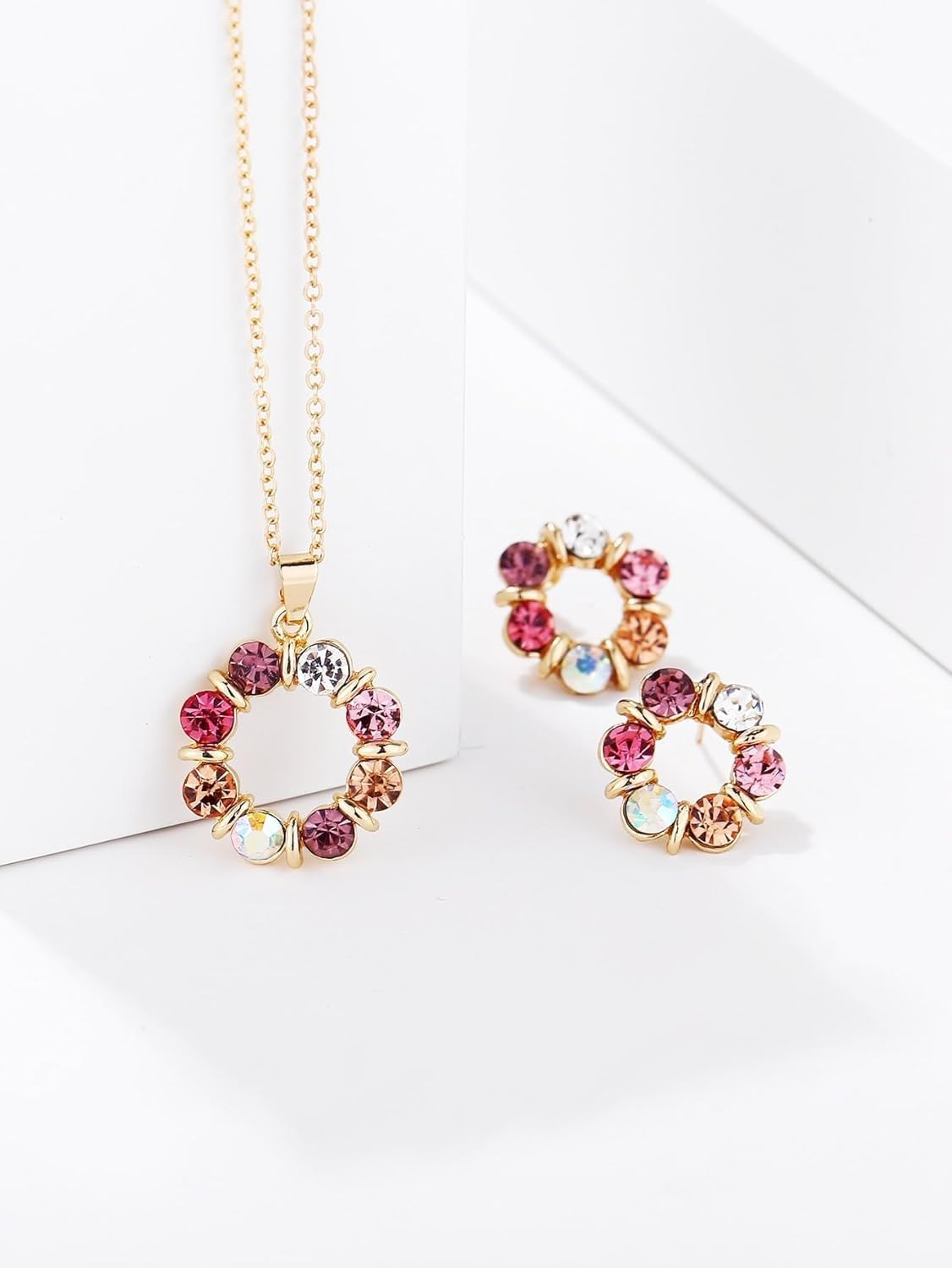 Rhinestone Circle Charm Necklace & Stud Earrings