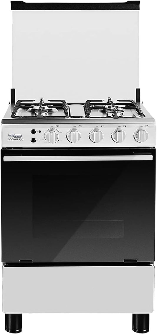 Super General Freestanding Gas-Cooker 4-Burner Full-Safety, Stainless-Steel Cooker, Gas Oven with Rotisserie, Thermostat, Auto-Ignition, Silver, 60 x 60 x 85 cm, SGC-601-FS, 1 Year Warranty