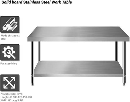 Stainless Steel Table for Prep & Work Commercial Heavy Duty Table with Undershelf for Restaurant, Home and Hotel (90 * 60 * 80cm)