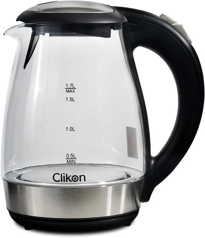 Clikon – 1.8 Liter Glass Body Electric Cordless Kettle with 360° Swivel Base, Power Cord Storage, Auto Cut-off Function, LED Indicator, 1500 Watts, 2 Years Warranty, Clear - CK5138