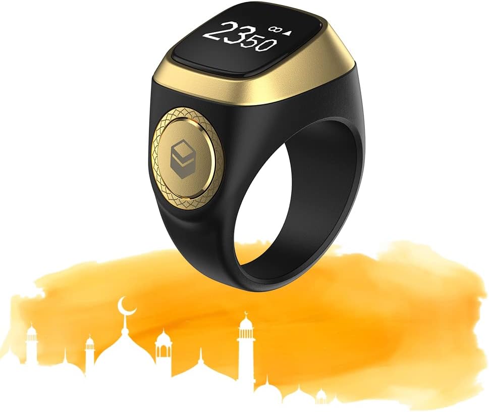 iQIBLA Smart Tasbih Zikr Ring- Muslim Prayer- Prayer timing reminder- OLED display- Tasbih Counter- Smart Ring- Wearable Technology- Waterproof Black 22mm- E0120BK- 20mm- USB