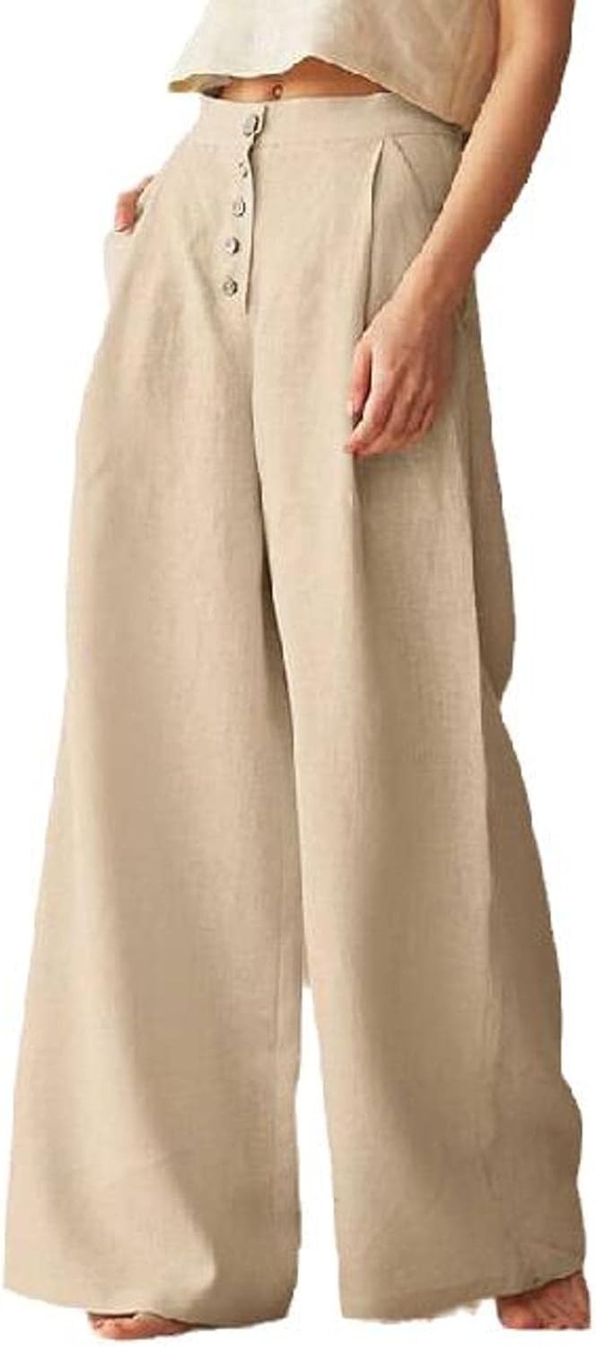 Women's Simple Loose Cotton Linen Pants Solid Color High Waist Casual Button Linen Wide Leg Pants