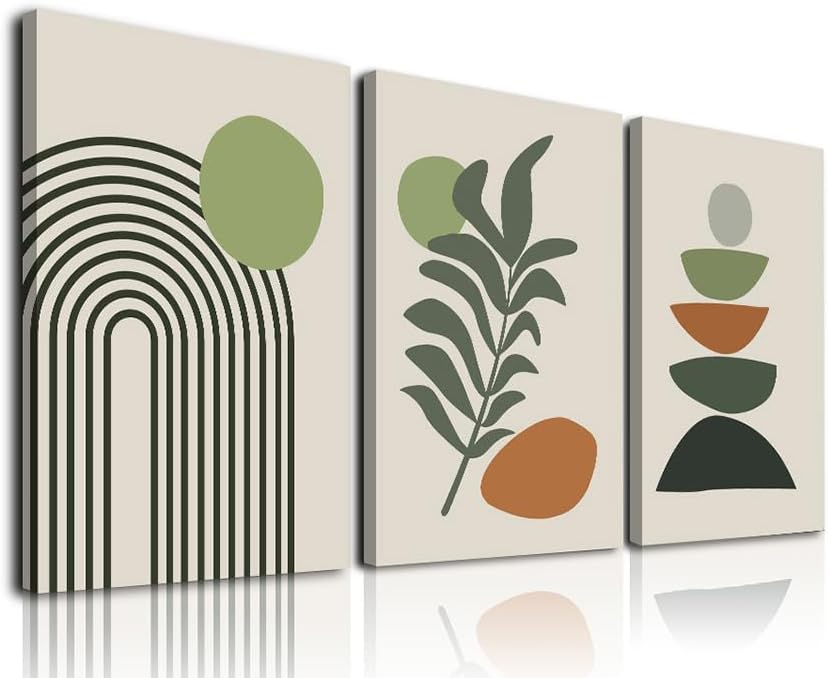 KBKBART Sage Green Boho Wall Art Set of 3, Minimalist Framed Geometric Line Leaf Sun Moon Beige Canvas Artwork Paintings, Abstract Botanical Room Decor, Posters & Prints