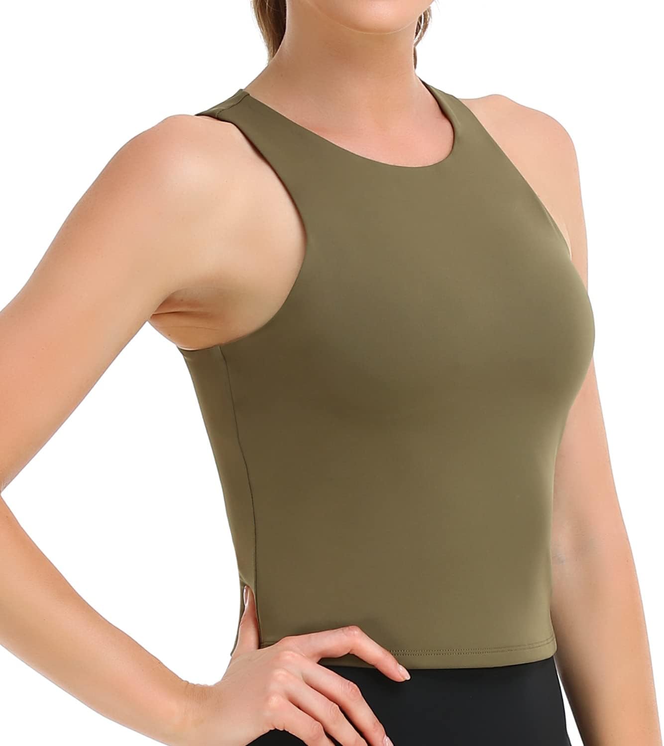 Colorfulkoala Women's High Neck Tank Tops Body Contour Sleeveless Crop Double Lined Yoga Shirts