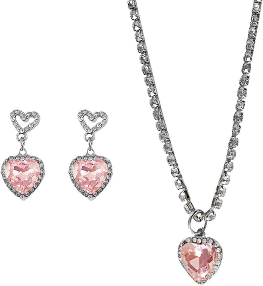 JAVARNV Heart Necklace Earrings Set for Valentine's Day Pink Rhinestone Necklace Earrings Jewelry Set Heart Crystal Pendant Necklace Gifts