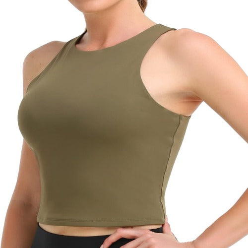 Colorfulkoala Women's High Neck Tank Tops Body Contour Sleeveless Crop Double Lined Yoga Shirts