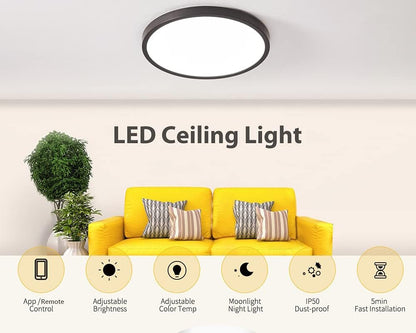 Dimmable LED Flush Mount Ceiling Light, 28W 3220LM 30x2CM Wireless APP Remote Control Smart Lights for Home, Modern Ultrathin Warm White 3 Color in One LED Flush Mount Smart LED Ceiling Light, Black