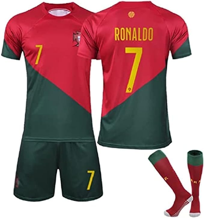 Kids Soccer Jersey Socks Set Ronaldo No #7 Football Fans Jersey with Socks Kids 2023 Fashion Football Soccer Jersey/Shorts Socks Gift Set Youth Sizes