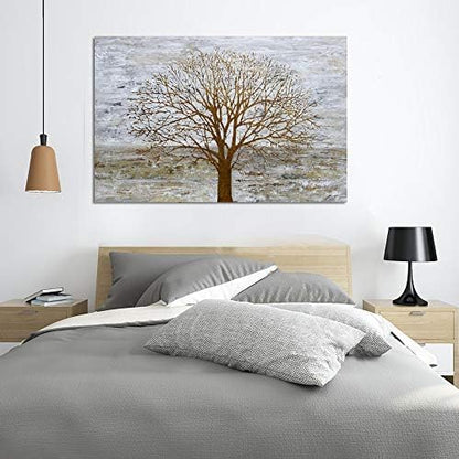 Yihui Arts Abstract Landscape Canvas Art Hand Painted 3D Tree Paintings with Gold Foil for Wall Decor Modern Artwork Pictures Living Room Bedroom Decoration