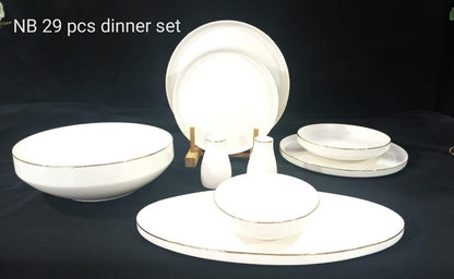 29 Piece Dinner Set for 6 People White Crockery with Gold Rim Scandinavian Porcelain Dinnerware Set - Famiware Pure Gold rim