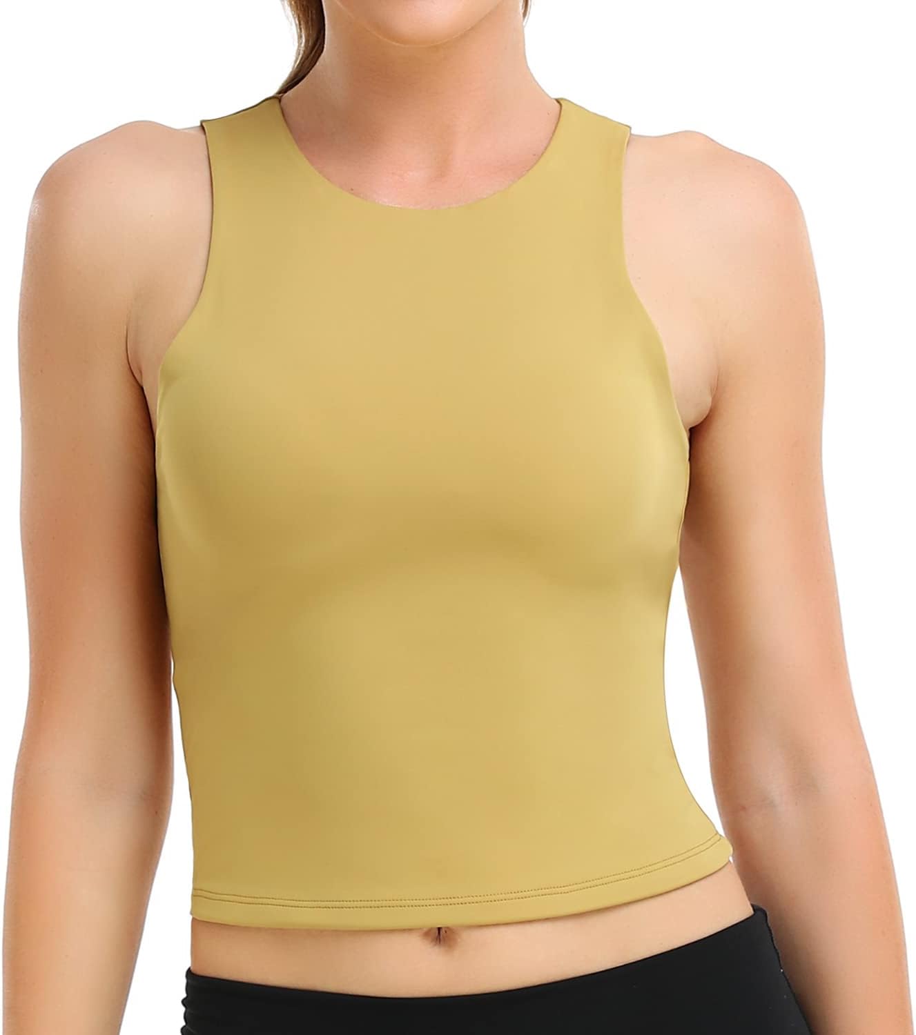 Colorfulkoala Women's High Neck Tank Tops Body Contour Sleeveless Crop Double Lined Yoga Shirts