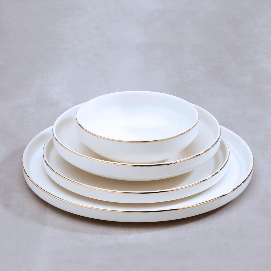 Zoha Pure Gold Edge Crockery Set 24 Pieces - Dinner Service for 6 People - White Crockery with Gold Rim - Scandinavian Crockery Set - Porcelain Crockery Set