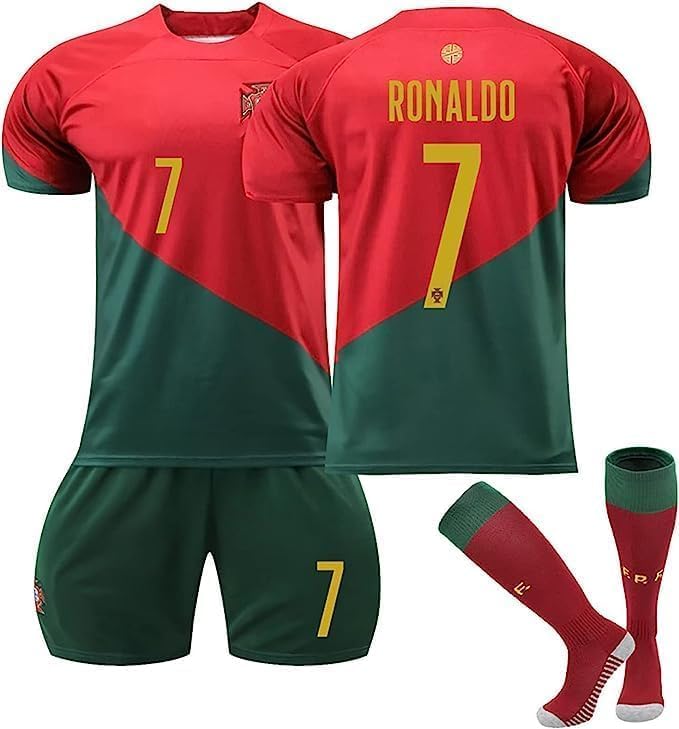 Kids Soccer Jersey Socks Set Ronaldo No #7 Football Fans Jersey with Socks Kids 2023 Fashion Football Soccer Jersey/Shorts Socks Gift Set Youth Sizes