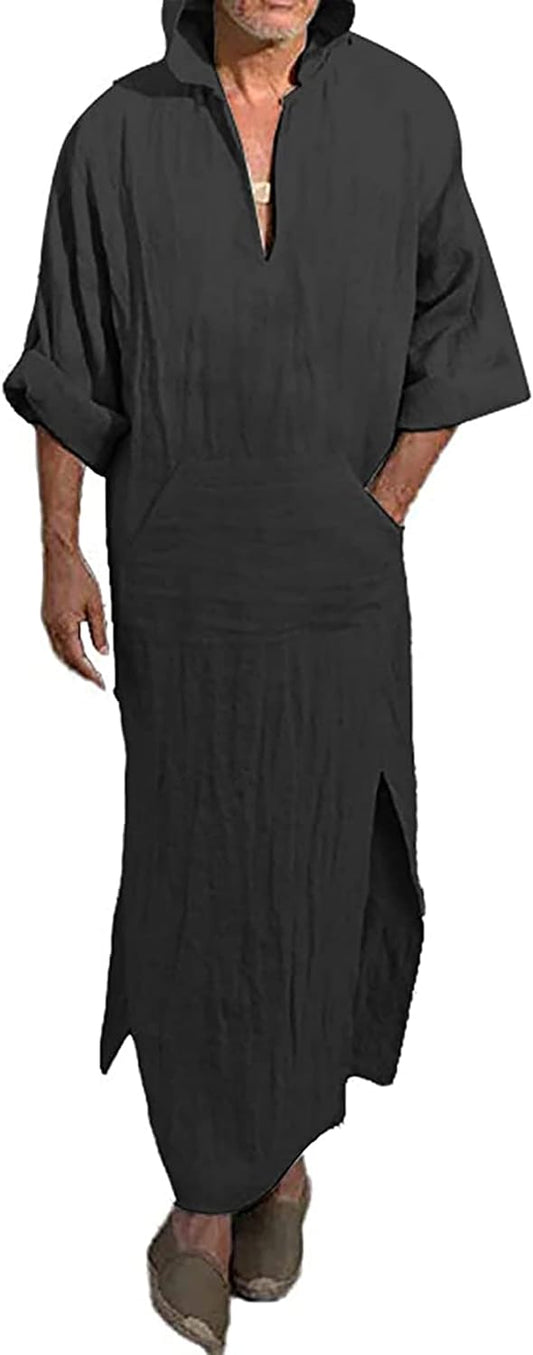 YAOHUOLE Men's Cotton Linen Arabic Robe V-Neck Long Sleeve Abaya Robe Side Split Casual Kaftan Thobe with Pockets