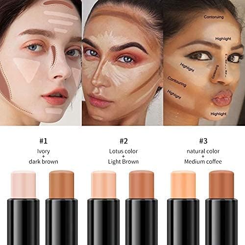 HXMJ 2 in 1 Contour Foundation Stick,Highlighter & Bronzer Pen,Face Brightens & Shades Pencil,Highlighting Shade Concealer Makeup,Highlight Bronzer Shaping Trimming Stick (Lotus+Light Brown)