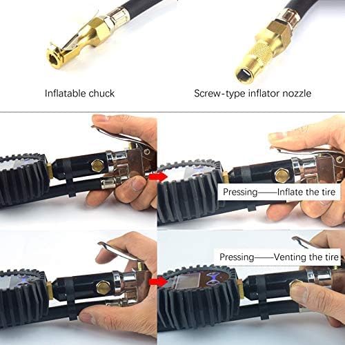 Digital Tire Inflator, 200 PSI Accurate Air Tire Pressure Gauge Air Compressor Kit 14” Rubber Air Hose Brass Lock-On Clip Air Chuck for most Car Truck Motorcycle Bike Black