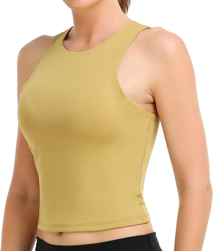 Colorfulkoala Women's High Neck Tank Tops Body Contour Sleeveless Crop Double Lined Yoga Shirts