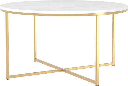 Eden Bridge Designs 91cm Round Mid Century Modern Coffee Table with X-Base for Living Room/Office decoration, Metal, Glass/Gold/Faux Marble