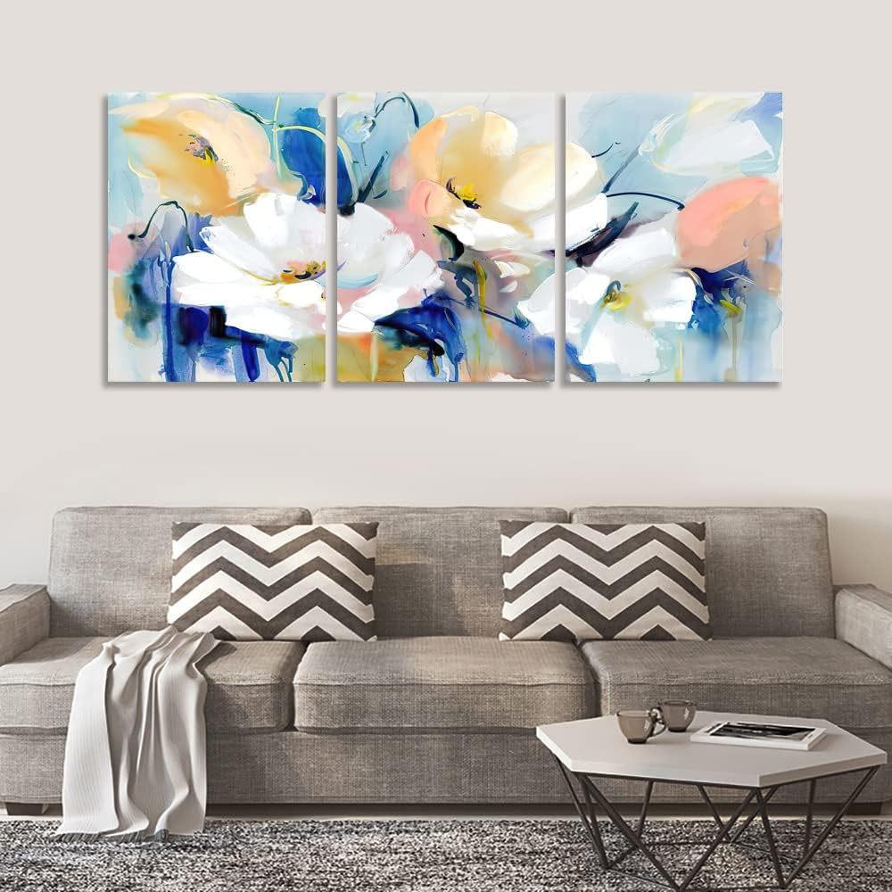 UNBRUVO Modern Flower Canvas Poster Prints Abstract Floral Wall Art Painting Pictures Office Home Decor 3 Pieces Framed Art Print Decoration Artwork for Living Room Bedroom(36”Wx16”H)