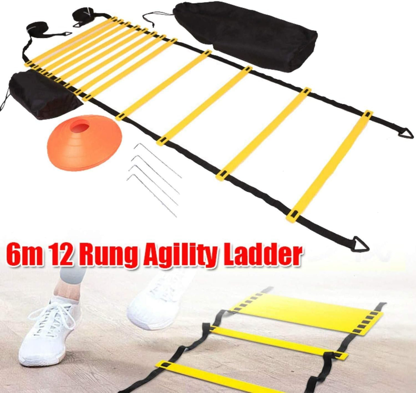 Speed & Agility Training Set, Includes 1 Resistance Parachute & 6m 12-Section Agility Speed Ladder, 4 Steel Stakes, 5 Disc Cones or Football Soccer Training Aid