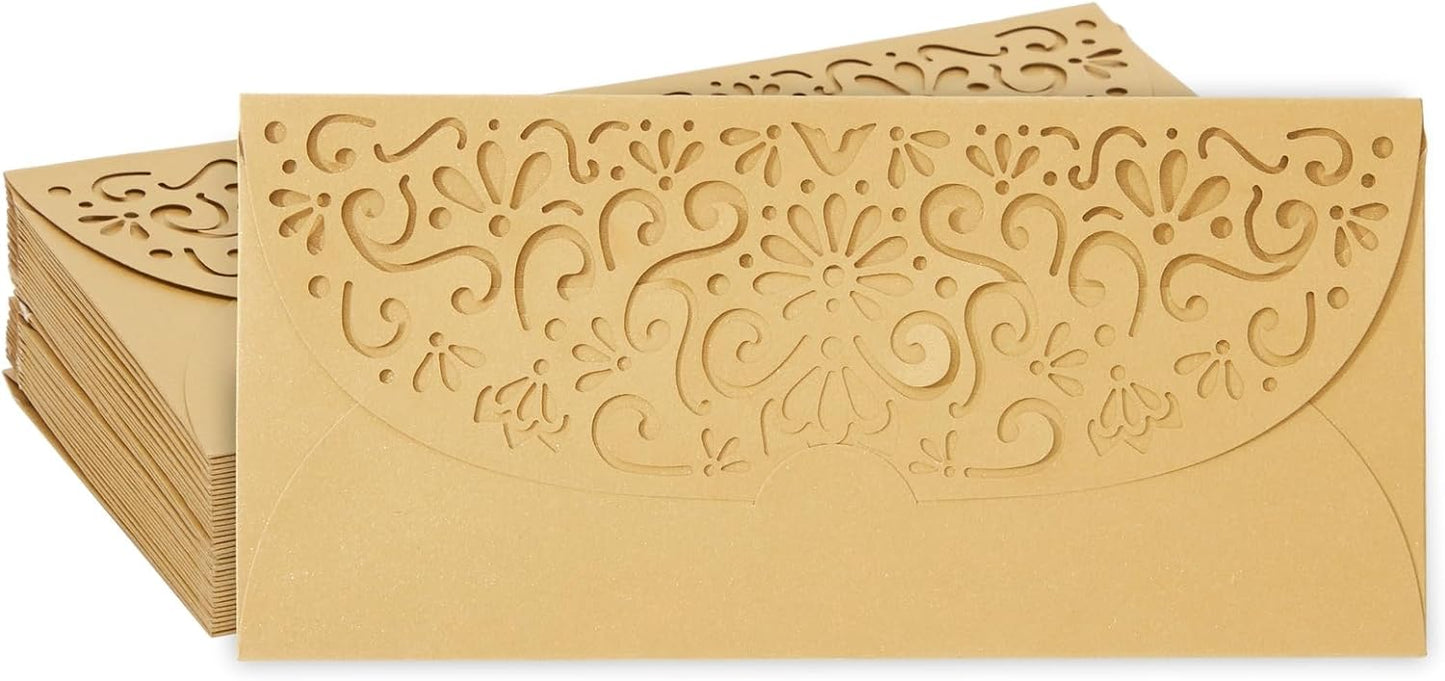 Gold Money Envelopes for Cash Gifts, Laser Cut Holders for Currency for Wedding, Birthday (6.8x3.3 In, 36 Pack)