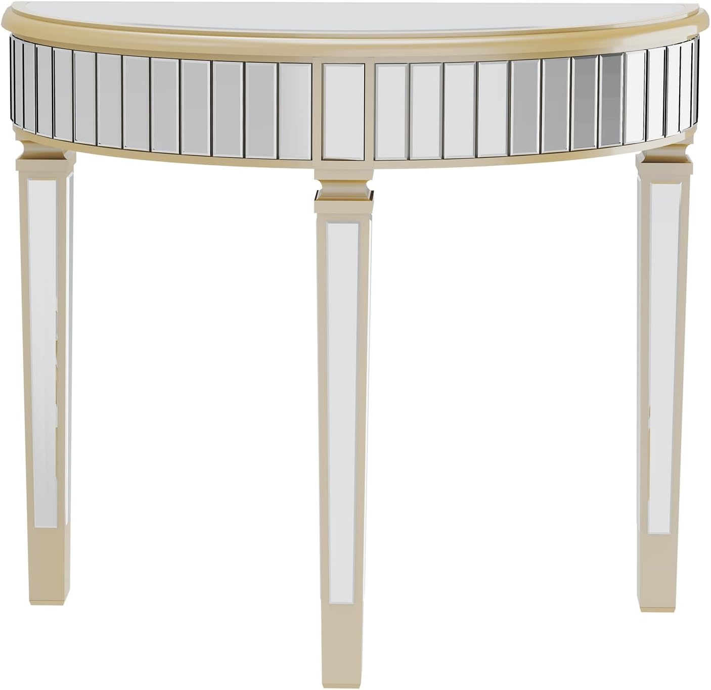 Wisfor Half Moon Mirrored Console Table: 90x35x80.5cm Semi-Circle Mirrored Entryway Table Modern Curved Sofa Side Table and Sturdy Square Column Legs for Porch, Living Room, Bedroom