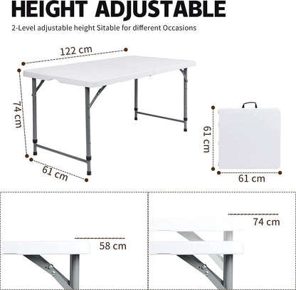 SKY-TOUCH Folding Lightweight Trestle Outdoor Camping Table,Heavy Duty Plastic Outdoor Folding Picnic Table,Folding Trestle Table For BBQ Party, Folds in Half with Carry Handle,White(120×60×75cm)