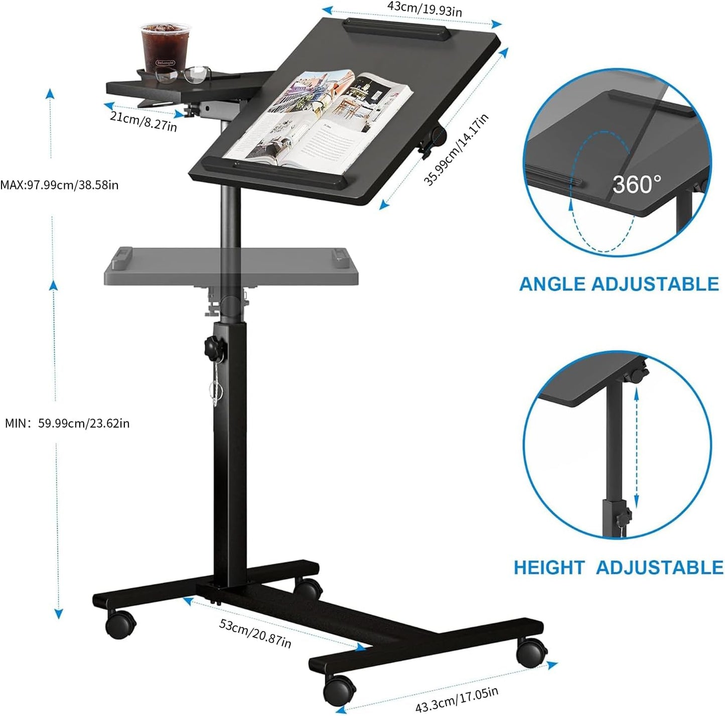 Height Adjustable Rolling Laptop Stand, Overbed Table with 2 Tilting Desktops, Mobile Laptop Table for Couch with Cup Holder, Mobile Computer Workstation for Office, Home and Hospital