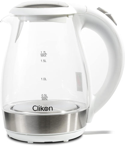 Clikon – 1.8 Liter Glass Body Electric Cordless Kettle with 360° Swivel Base, Power Cord Storage, Auto Cut-off Function, LED Indicator, 1500 Watts, 2 Years Warranty, Clear - CK5138