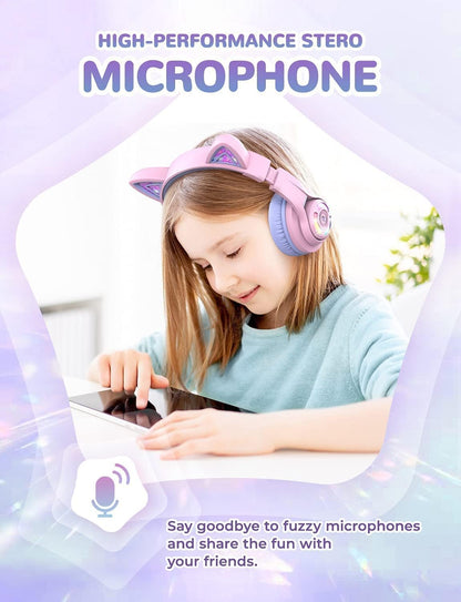 iClever BTH13 Bluetooth Headphones, Cat Ear LED Light Up Wireless Kids Headphones with Volume Limited (74/85/94dB), 45H Playtime, Children Headphones with MIC Over Ear for School/Tablet/PC, Purple