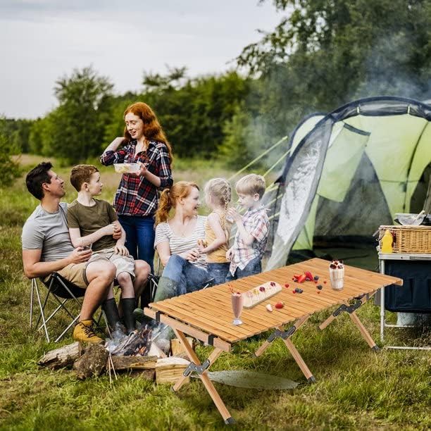 AUTOYSUR Folding Wooden Camping Table Portable Picnic Table w/Carry Bag Roll-up Bamboo Tabletop Outdoor Travel Camping Table (Coffee)