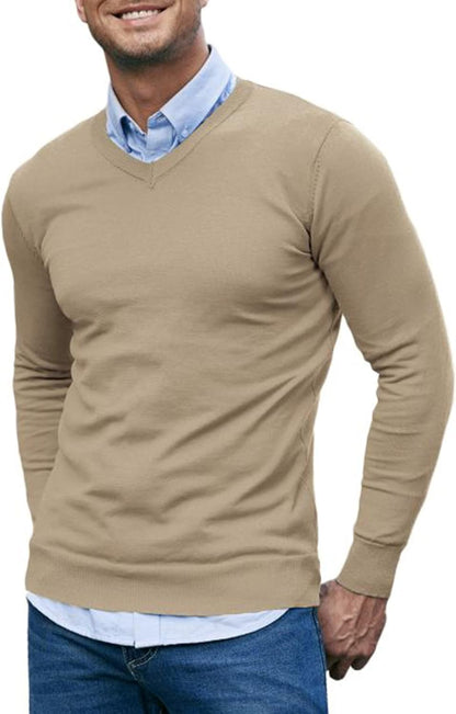 Coofandy Men Casual V Neck Sweater Ribbed Knit Slim Fit Long Sleeve Pullover Top