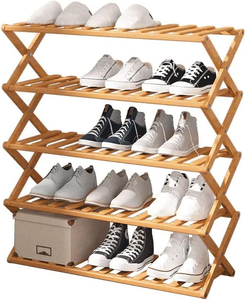 Foldable Shoe Rack Shoe Storage Cabinet Bamboo Shoe Shelf Portable and Dustproof for Living Room Entryway Hallway Shoe Organizer Balcony Flower Plant Stand (Wood, B-5Layer)