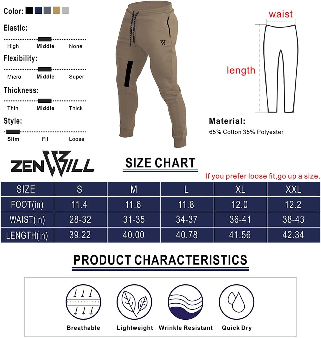 ZENWILL Mens Tapered Workout Track Pants, Slim Fit Gym Jogger Sweatpants, Casual Athletic Trousers with Zip Pockets